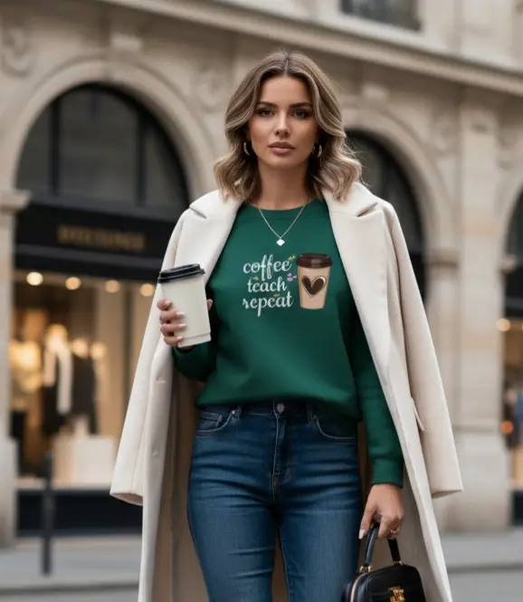 Green sweat shirt coffee Letter print casual crew neck for girls &women (Small)